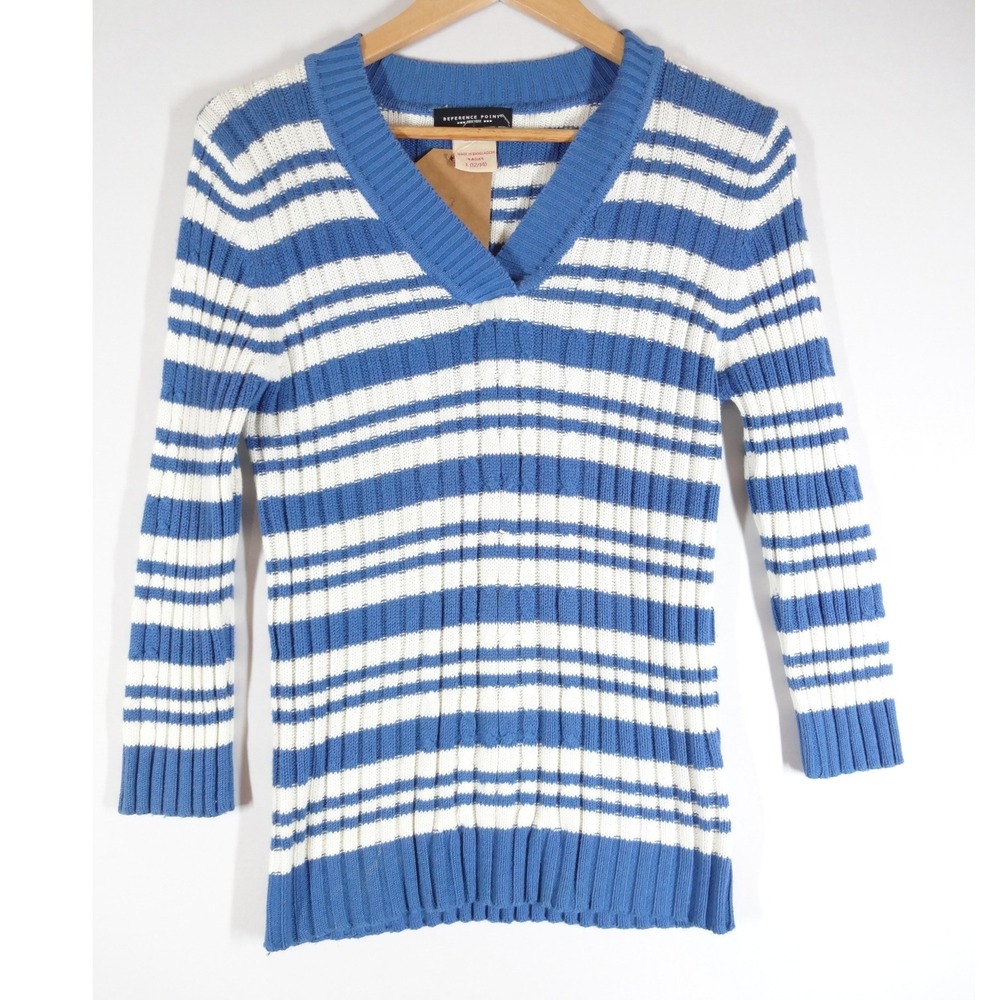 Y2k Reference Point Sweater  L Blue White Striped V-Neck Knit Vintage Nautical